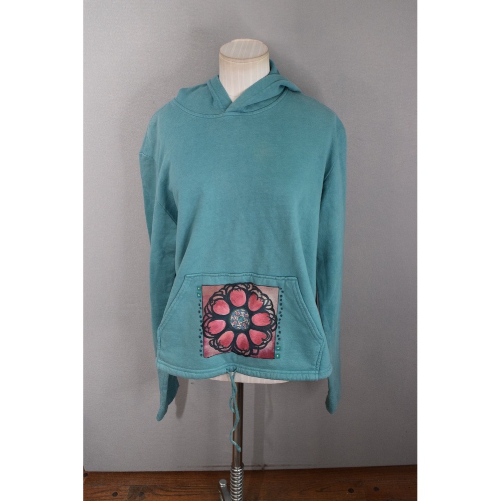 Blue Fish Hoodie S/M Teal Blue Cotton Hand Printed Floral Art Lagenlook Women